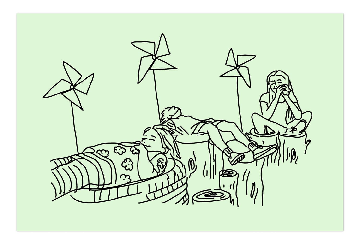 illustration face carte postales, des enfants qui s'amusent au Chalet des îles signé ichetkar
