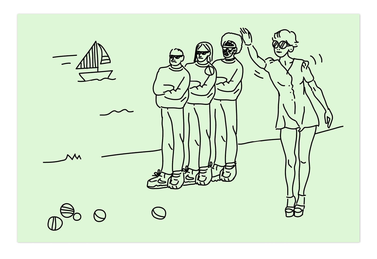 illustration carte postale signé Ichetkar, joueurs de pétanque au Chalet des îles signé IchetKar