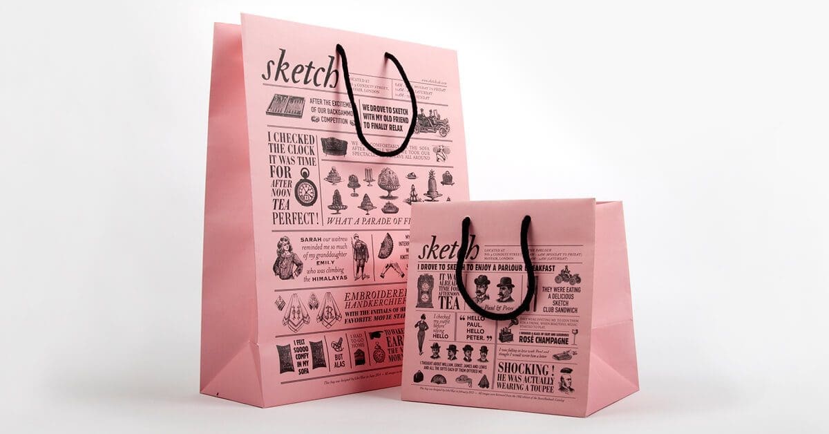 Ichetkar dessine les deux sacs du restaurant le Sketch à londres, rose poudré, histoire et gravure sont de la partie
