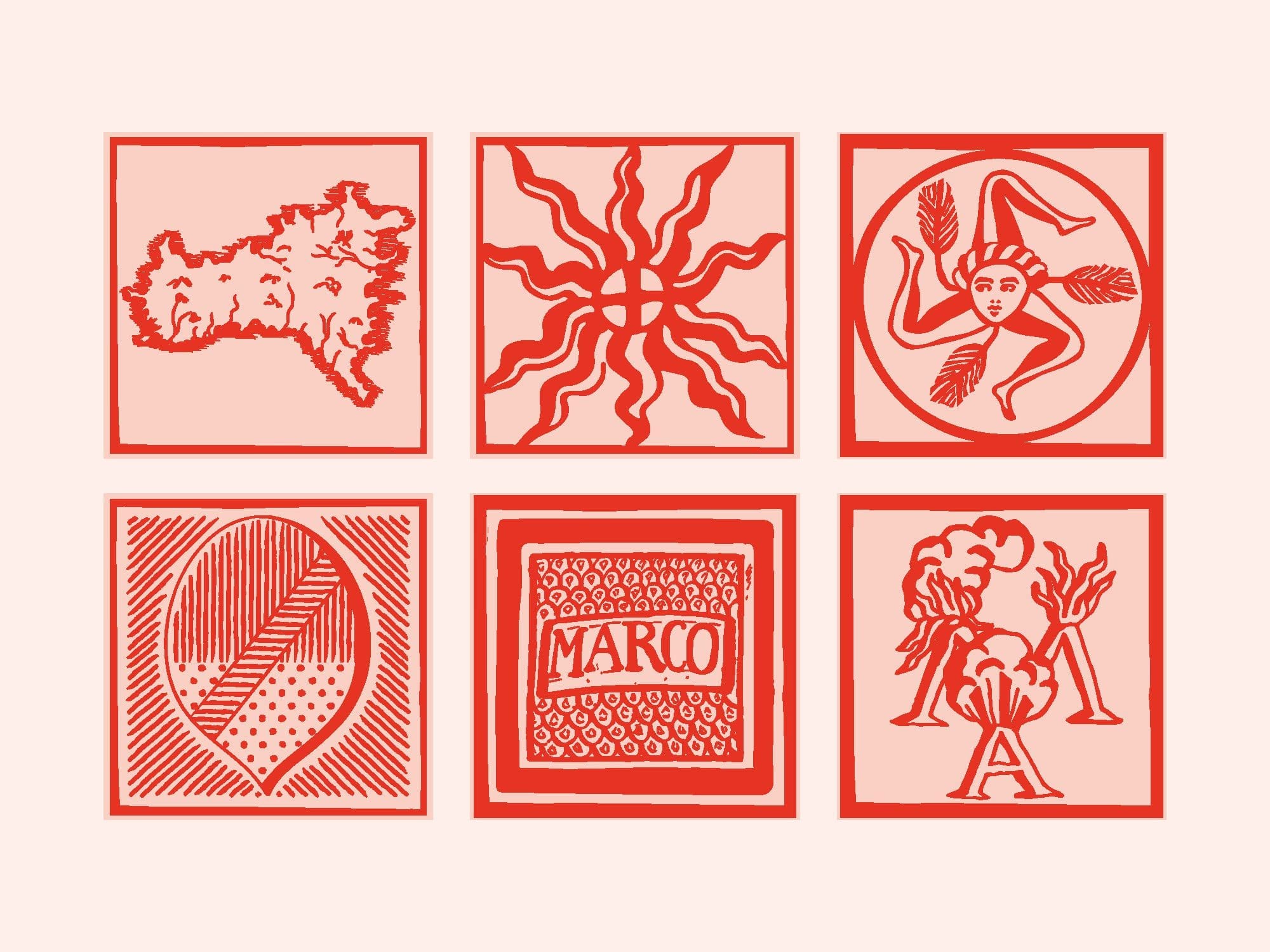 Ichetkar dessine des carreaux à la signification plus symbolique ; des carreaux qui évoquent la Sicile, la carte, la triskèle, le blason de Patti ou les volcans
