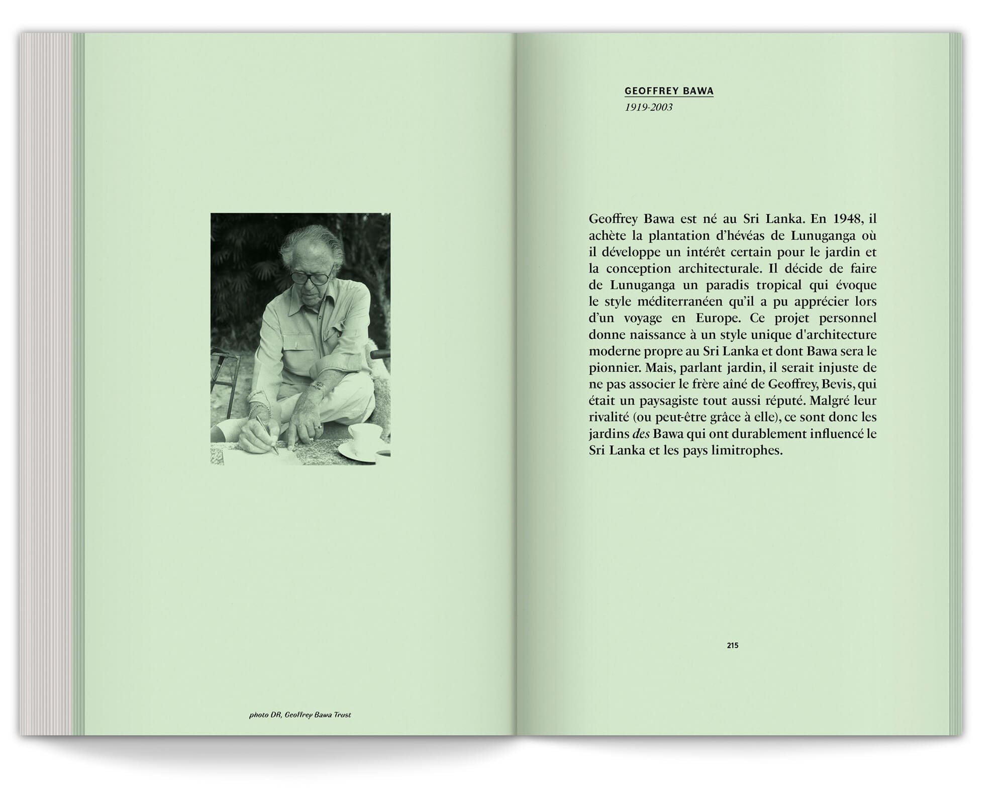 Geoffrey Bawa dans les annexes du livre écrit par le duo de paysagistes Ossart + Maurières, design graphique IchetKar