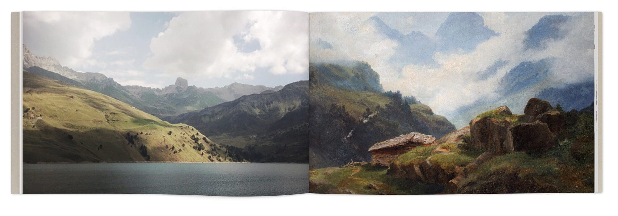 Double page de peinture de paysage de montagne, inspiration d'Hélène Muheim, direction artistique IchetKar