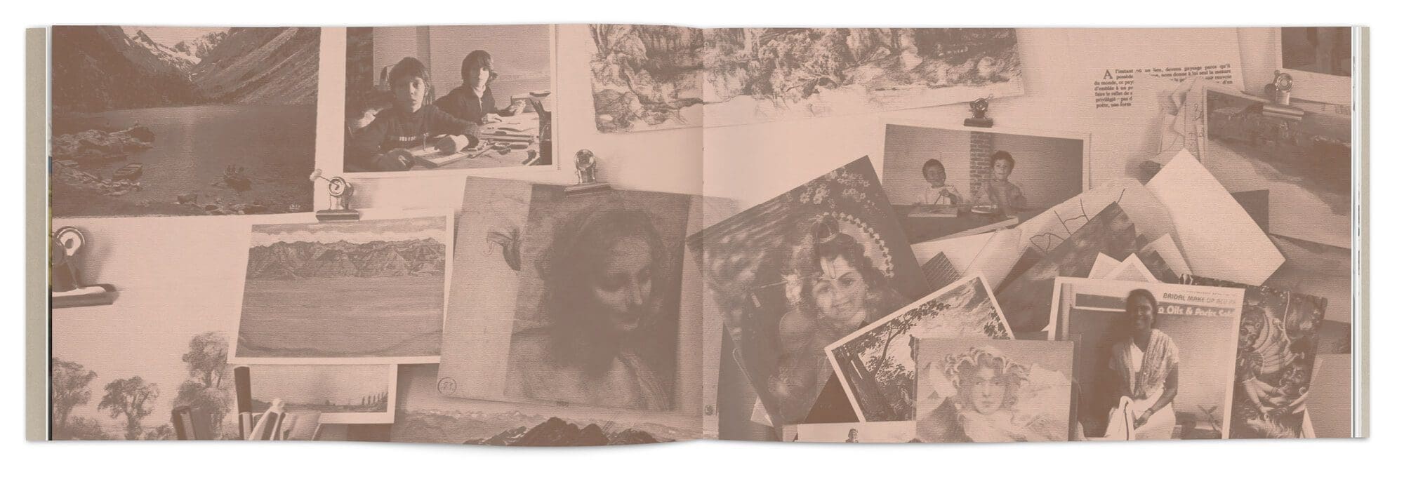Patchwork de Photos d'Hélène Muheim, amis et famille dans son livre Quelque part dans l'inachevé, graphisme IchetKar