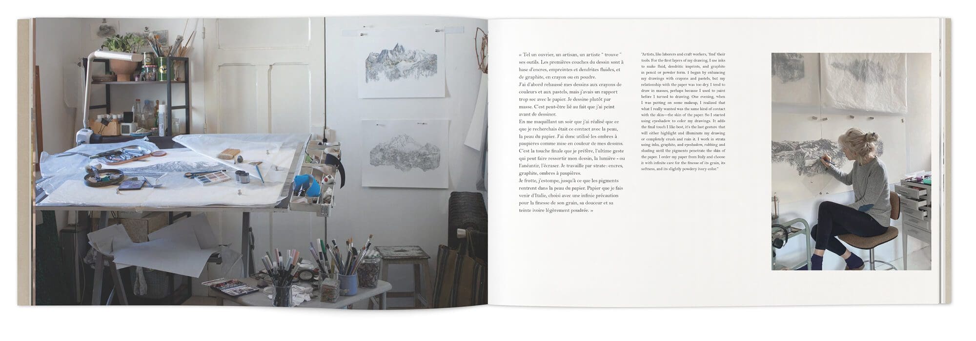 Double page Photo d'atelier, biographie d'Hélène Muheim pour sin livre Quelque part dans l'inachevé, maquette et mise en page Ich&Kar
