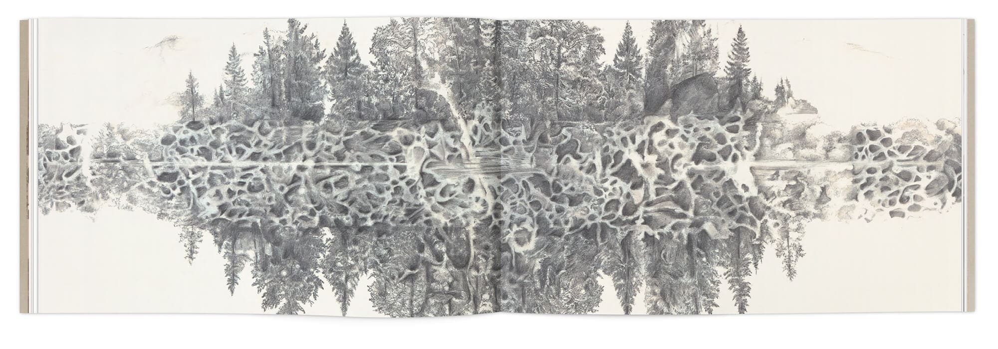 Les paysages enneigés d'Hélène Muheim, dessin au graphite, dans le livre Quelque part dans l'inachevé, Graphisme IchetKar