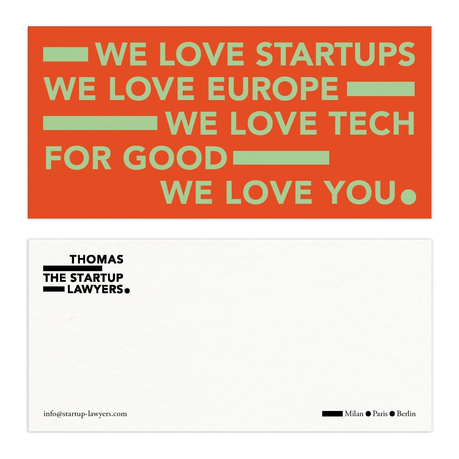 papier à lettre 'we love startup we love europe we love you' bauhaus pour Thomas the startup lawyers, signé Ich&Kar