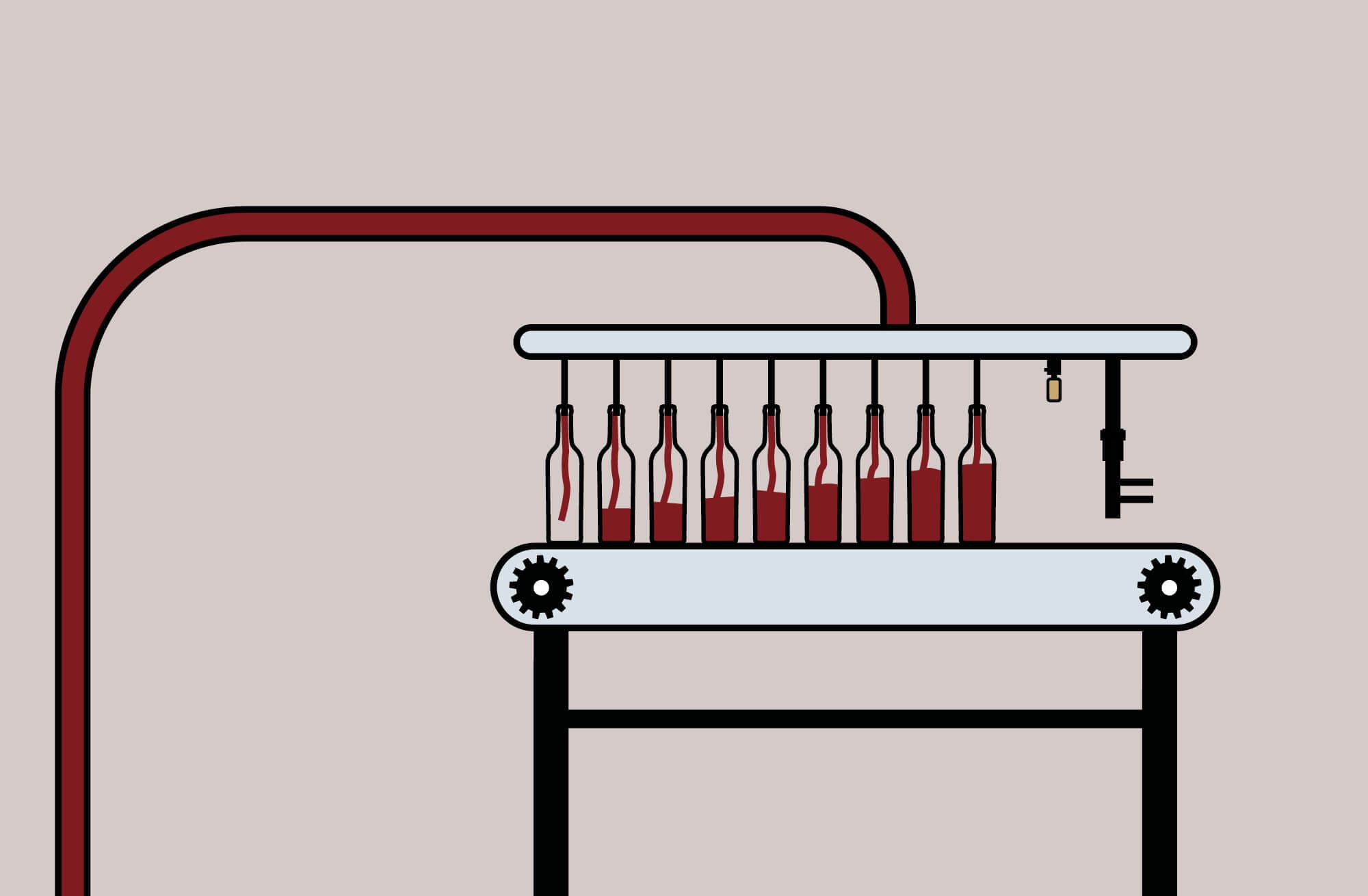 Les bouteilles se remplissent dans la chaine d'embouteillage, illustration IchetKar