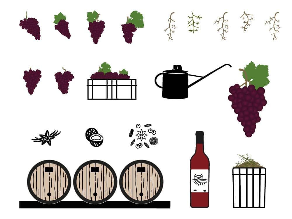 Des grappe de raisins, une ouillette, des épices… IchetKar dessine un ensemble de petits éléments servant à l'animation de l'élaboration du vin