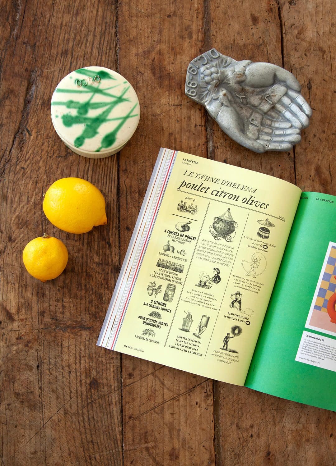 la page recette du tajine de helena poulet citron olives… dans Beau Magazine. design made in Ichetkar. Helena ichbiah plonge dans ses archives de gravures à l'ancienne pour illustrer le protocole de sa recette poulet citron olives… un rien DADA