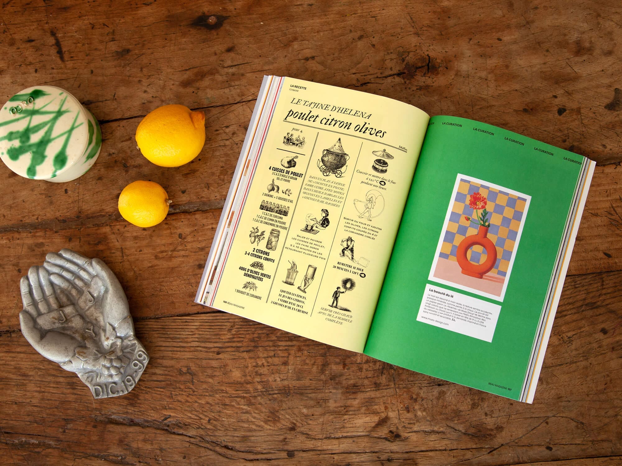 la page recette de Beau Magazine made in Ichetkar. Helena ichbiah plonge dans ses archives de gravures à l'ancienne pour illustrer le protocole de sa recette poulet citron olives… un rien DADA