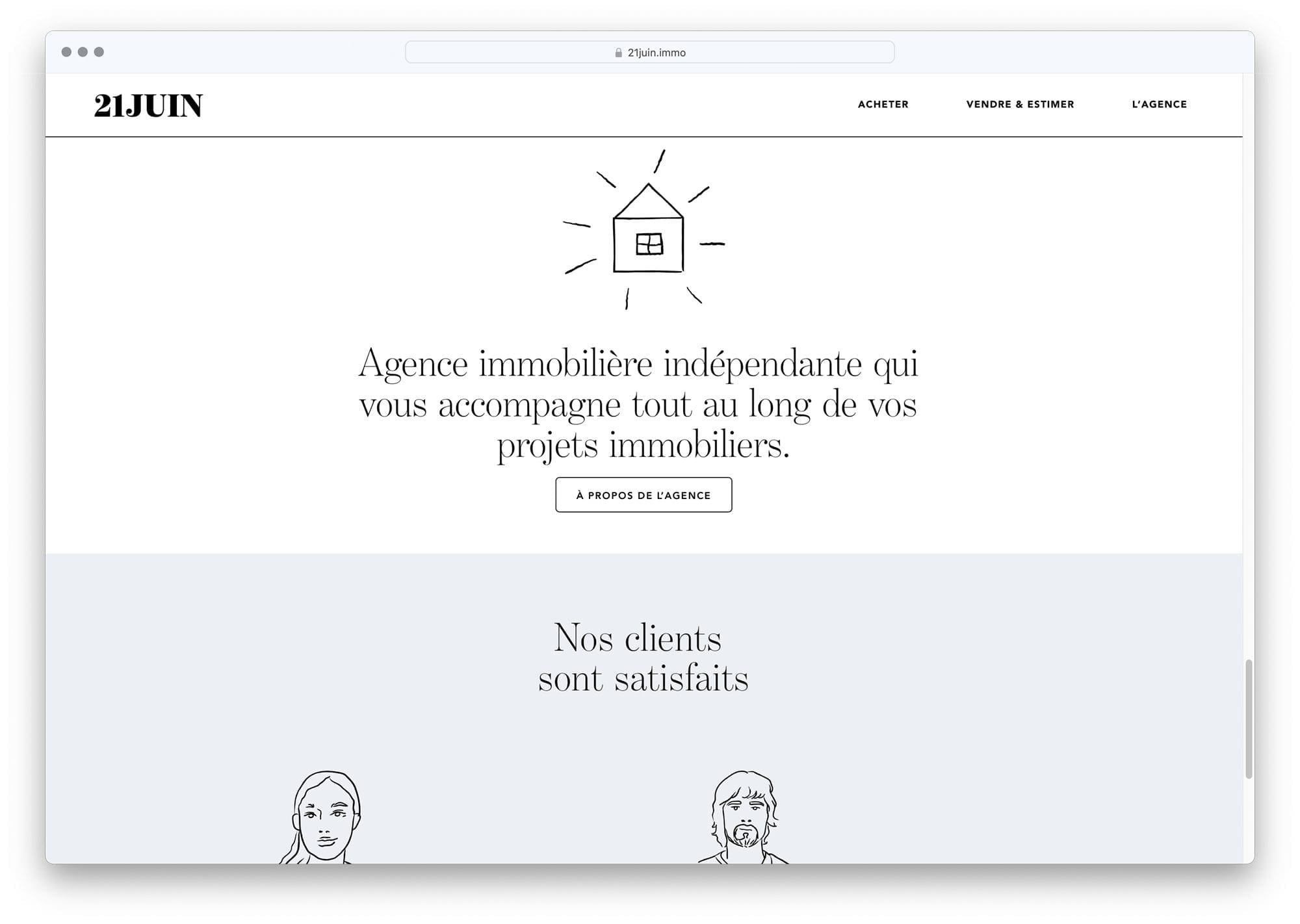 L'agence de design graphique IchetKar décide d'illustrer les pages du site de l'agence immobilière 21 juin à l'aide de dessins-pictogrammes expressif.