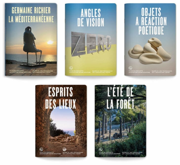 Les couvertures des livres d'expositions des saisons 2020, 2021, 2022, 2023 et 2024 de l'exposition à la Friche de l'escalette à Marseille, design IchetKar