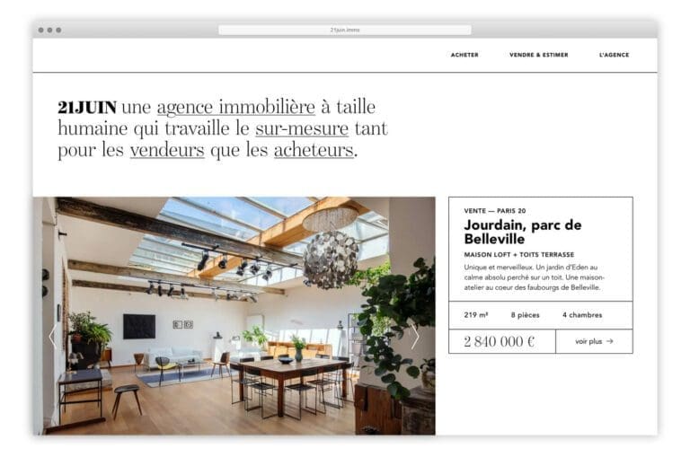 La home du site web de l'agence immobilière 21 juin, dirigé par Patrice Juin, web design ichetkar.