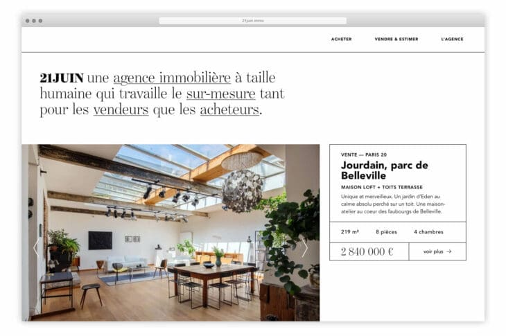 La home du site web de l'agence immobilière 21 juin, dirigé par Patrice Juin, web design ichetkar.