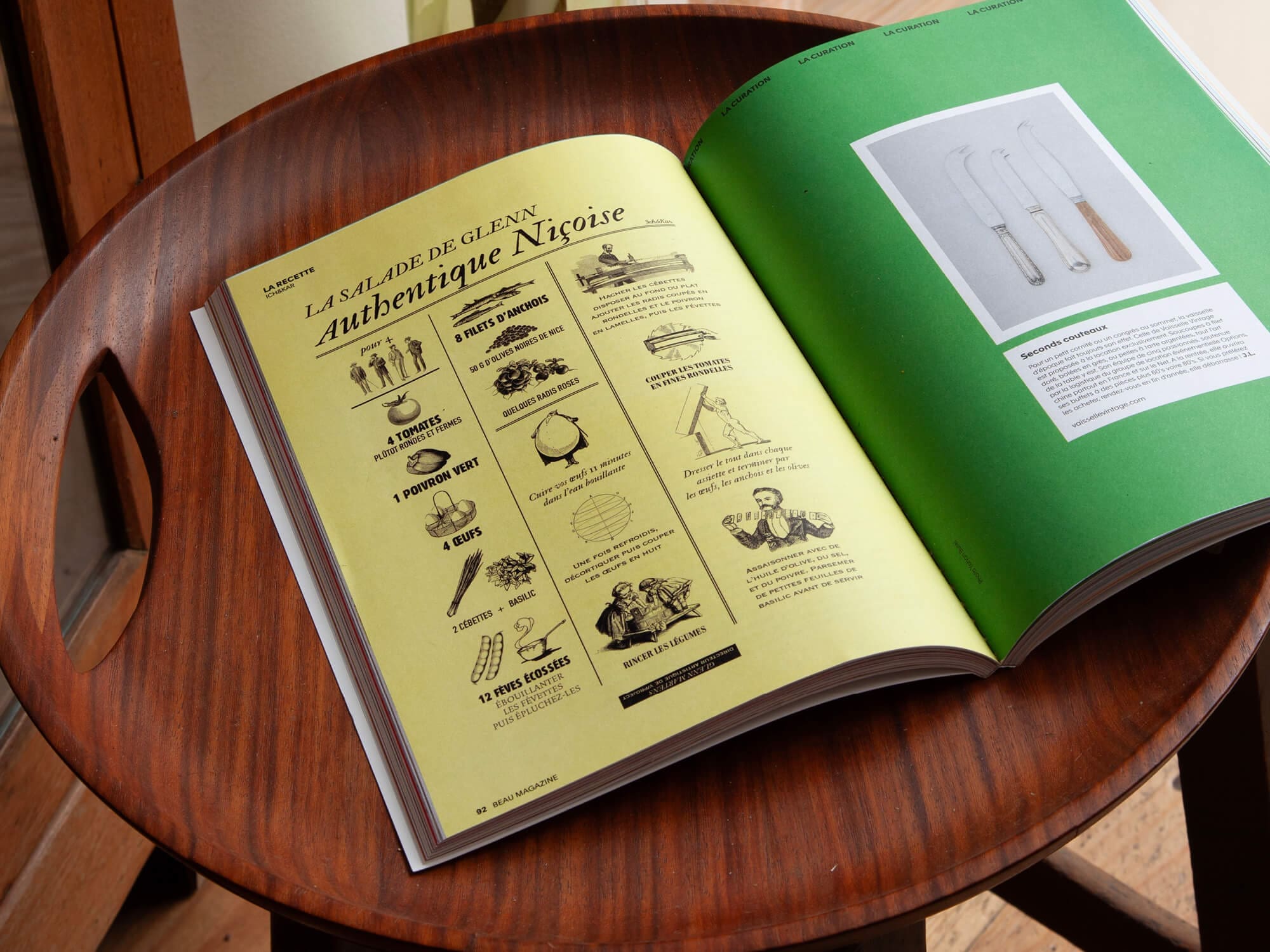 La recette de l'Autenthique salade niçoise de Glenn, illustrée avec des gravures anciennes pour beau magazine, design IchetKar