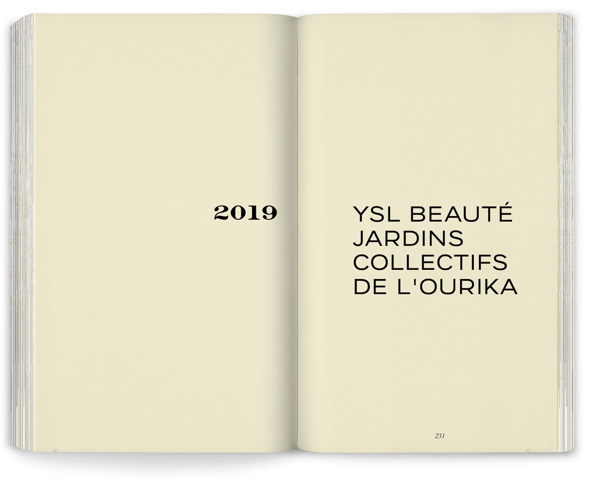 Double page de titre pour le jardin Yves Saint Laurent, collectifs de l'Ourika, réalisés par Ossart + Maurières, design IchetKar