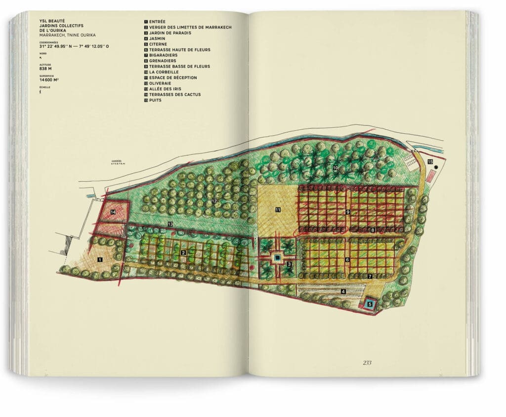 Double page sur le plan du jardin Yves Saint Laurent, collectifs de l'Ourika, dessiné par les paysagistes Ossart et Maurières, design ichetkar