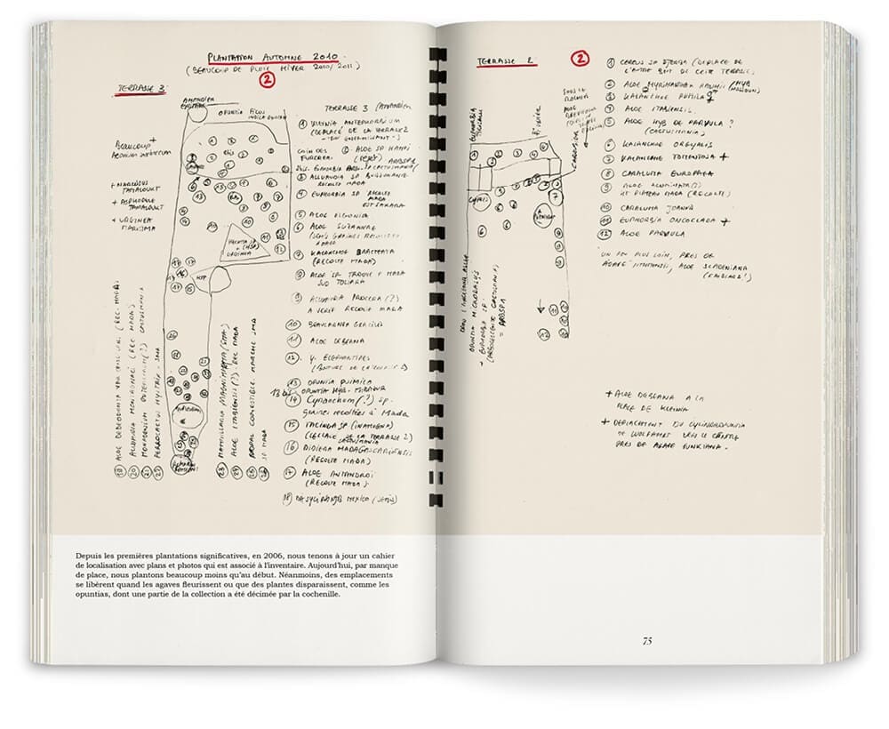 Cahier de localisation avec plan et photos associé a l'inventaire pour le jardin d'Afra, design du livre IchetKar