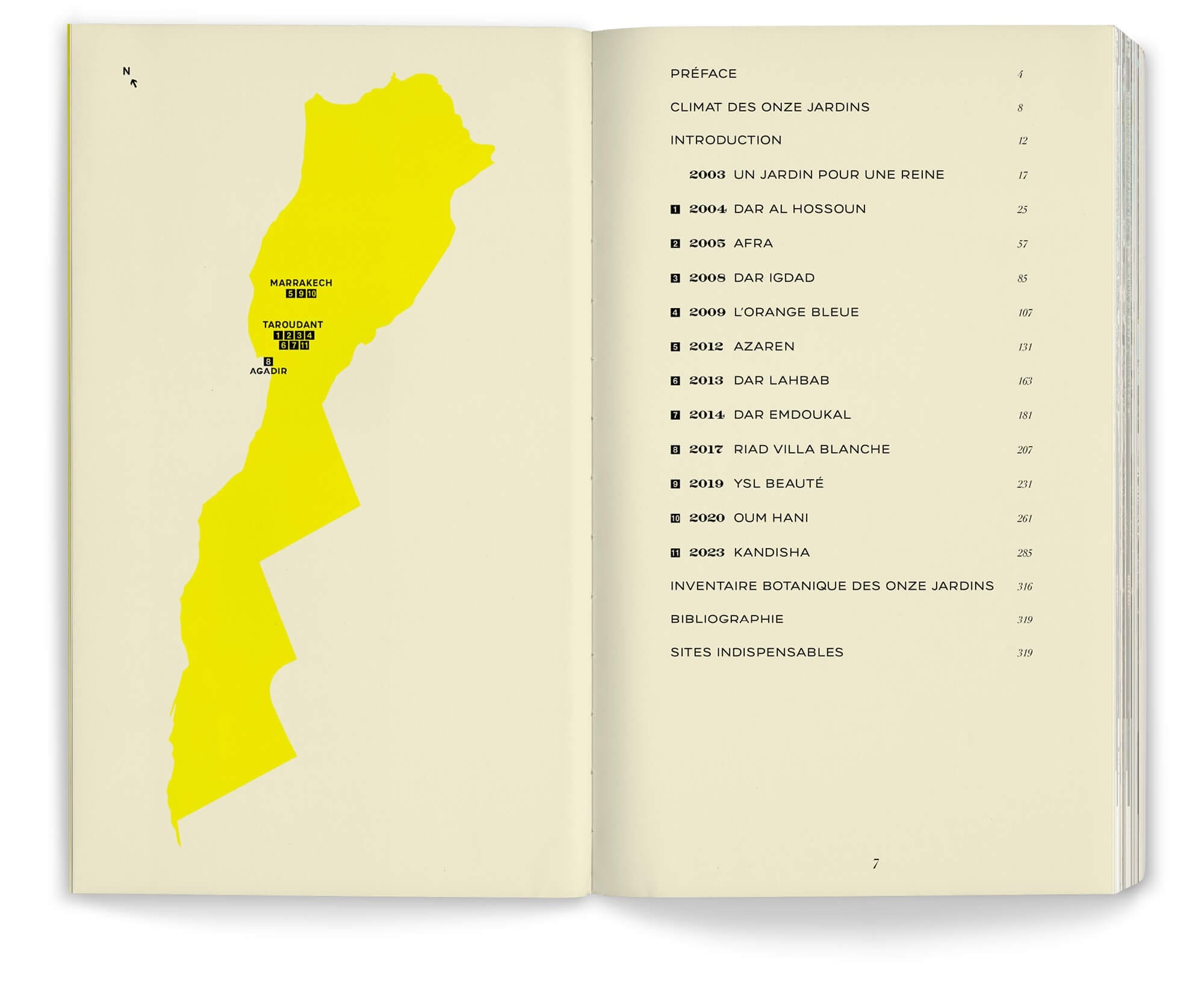 La carte du Maroc et la page sommaire du livre Onze jardins d'aridité par les paysagistes Ossart + Maurières, design IchetKar