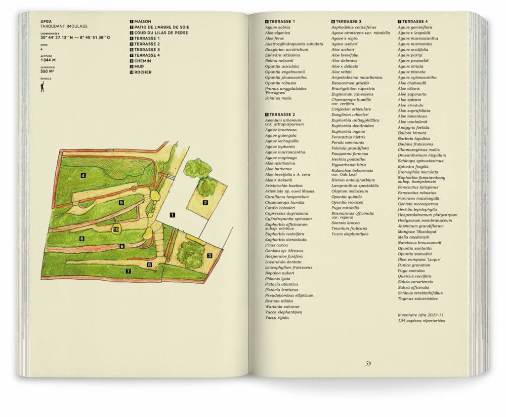 Double page du jardin d'Ara, plan et inventaire de plante du jardin, par les paysagistes Ossart et Maurières, design ichetkar