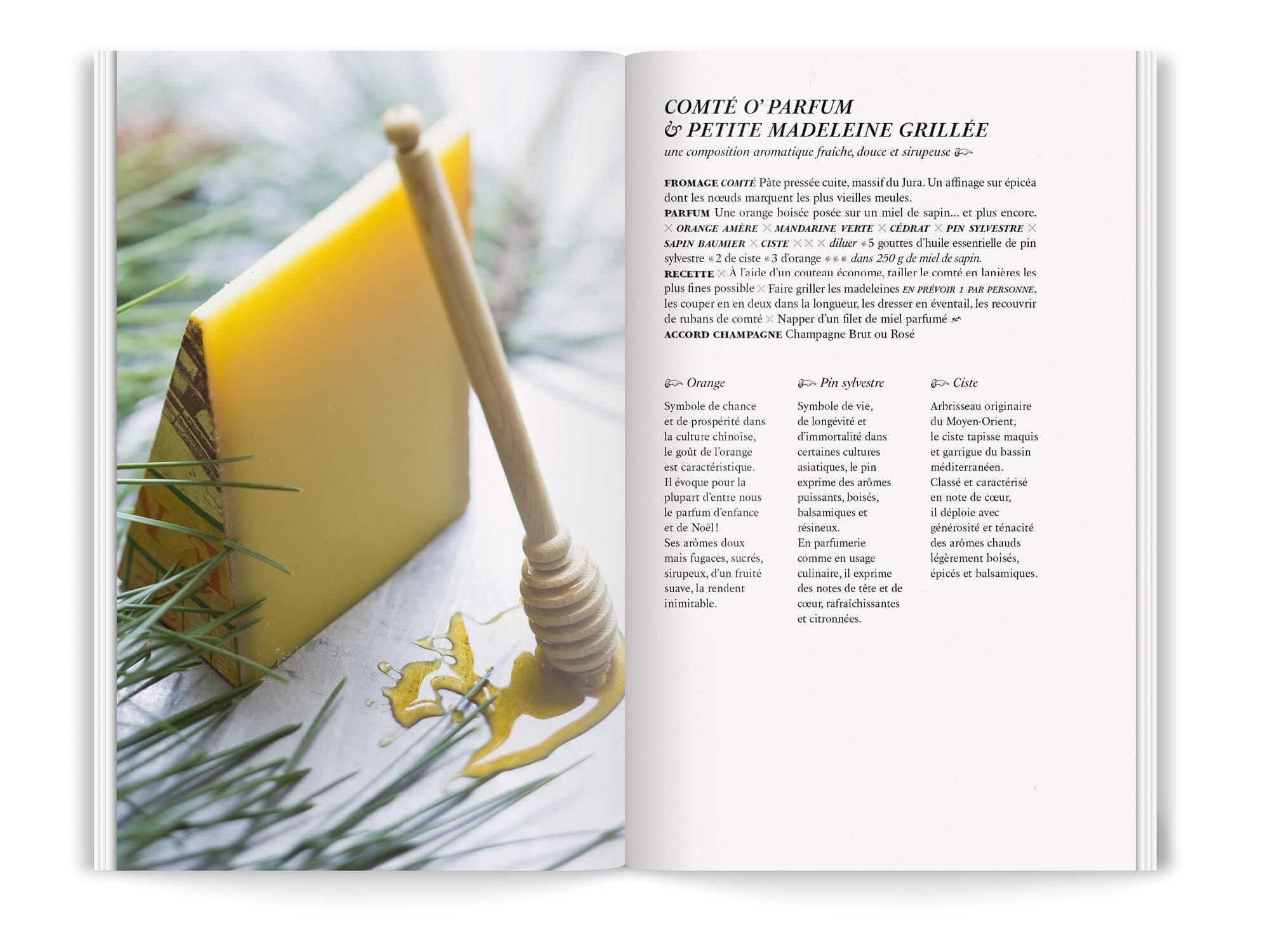 La recette Comté o'parfum et madeleine grillé dans le livret fromage o'parfum de la milk factory, graphisme et mise en page IchetKar