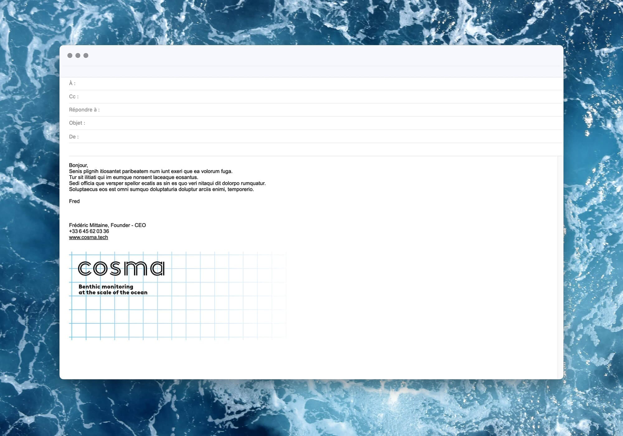 Le signature mail de la start-up cosma, spécialiste de la data sous-marine, directions artistique Ich&Kar