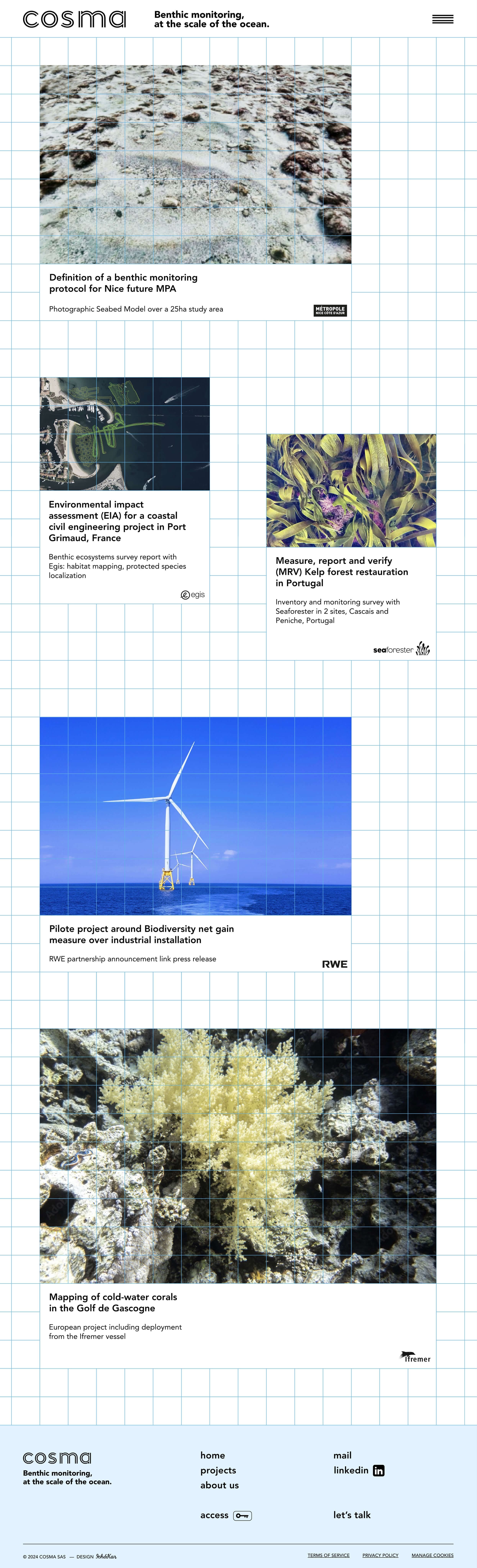 La page projects du site web cosma, une overview des news et projet de la start-up, les éléments ce cale sur la grille bleu cyan de l'identité visuelle, graphisme ichetkar