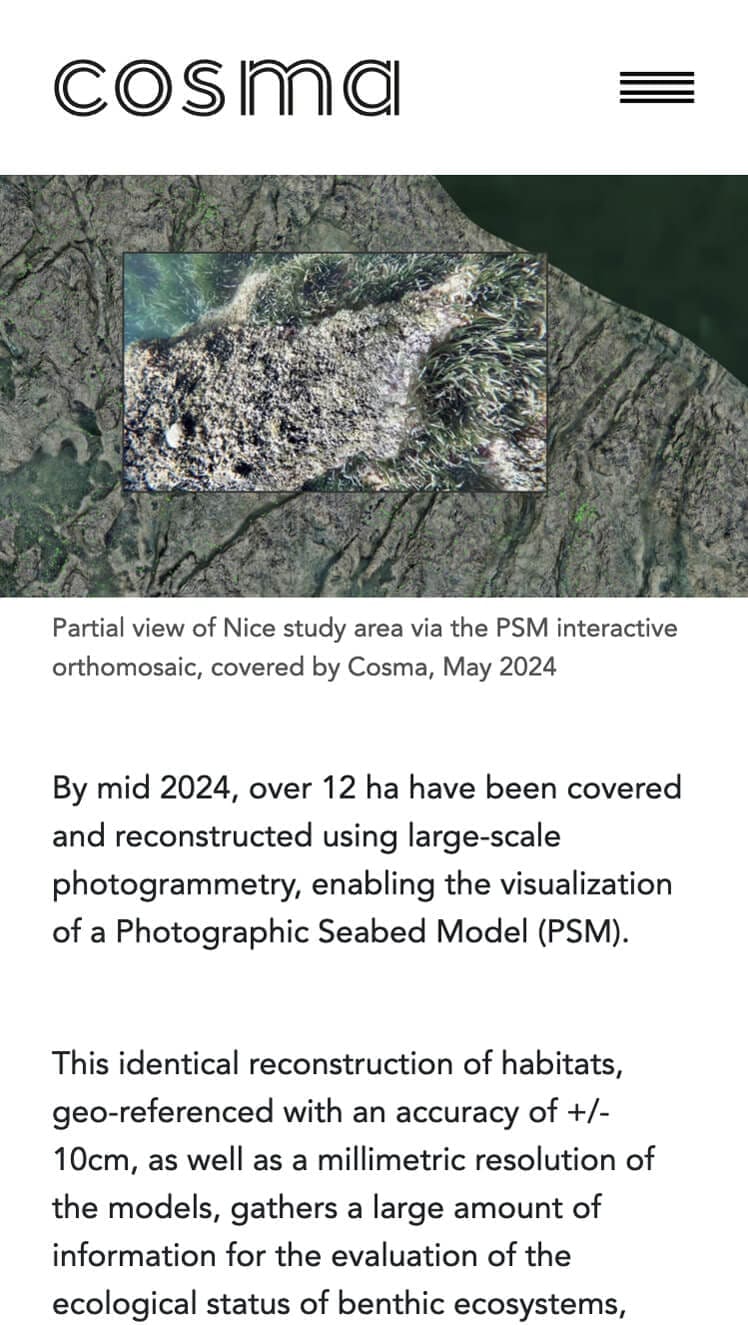 La page article en version mobile des news et projets de Cosma, start-up de data sous-marine, mise en page IchetKar